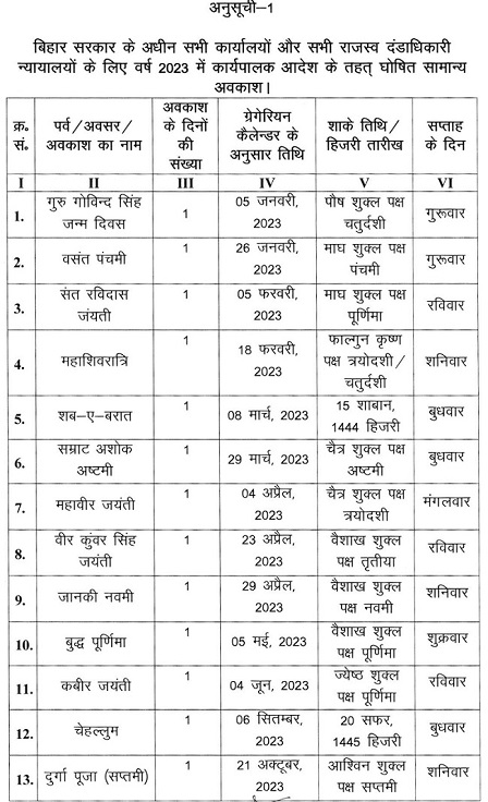 bihar school holiday list 2023 pdf